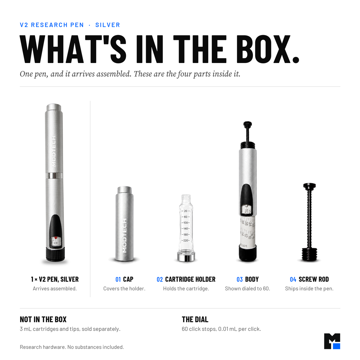 What's included with the silver V2 pen: cap, body with 60-click dial, cartridge holder and screw rod. No cartridge included