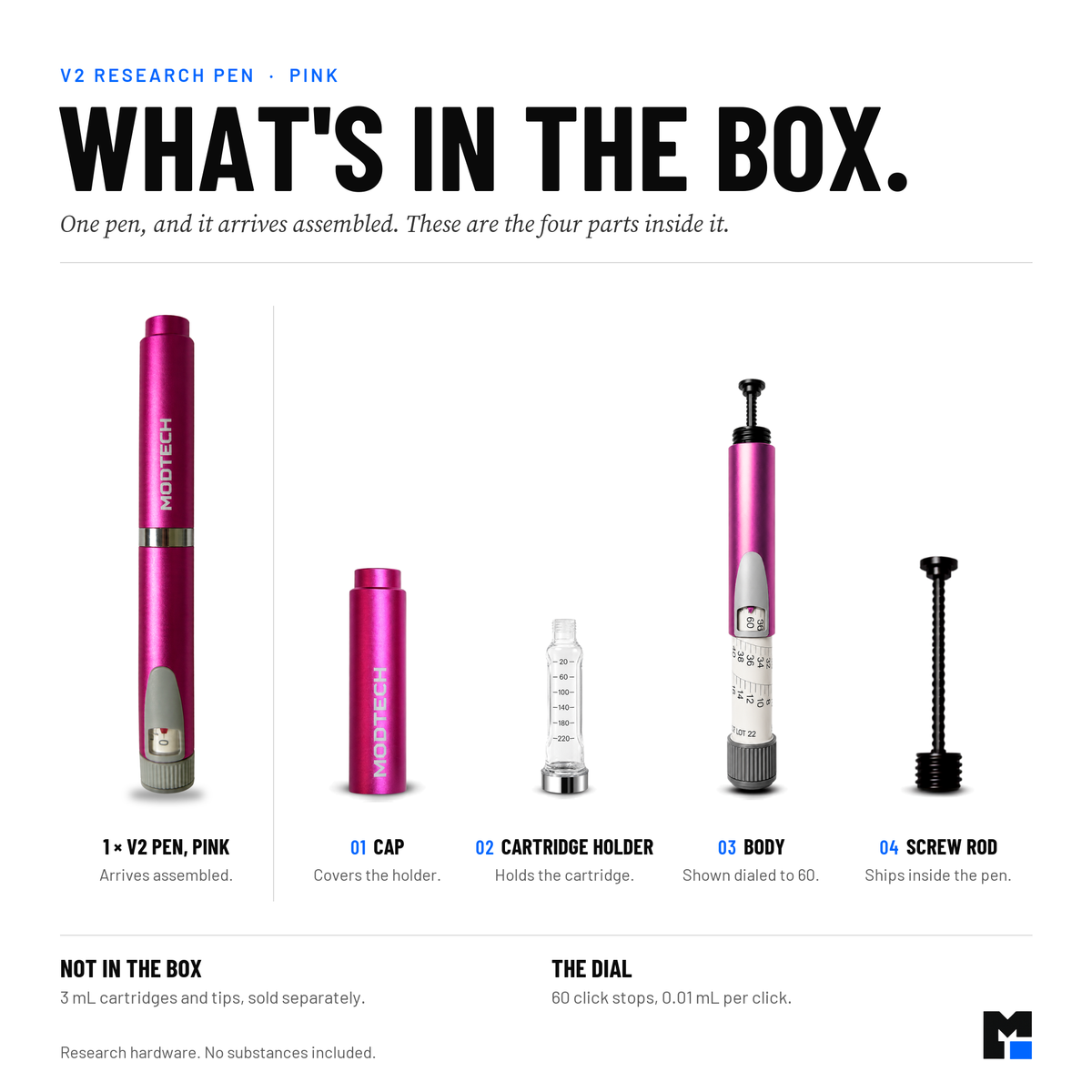 What's included with the pink V2 pen: cap, body with 60-click dial, cartridge holder and screw rod. No cartridge included
