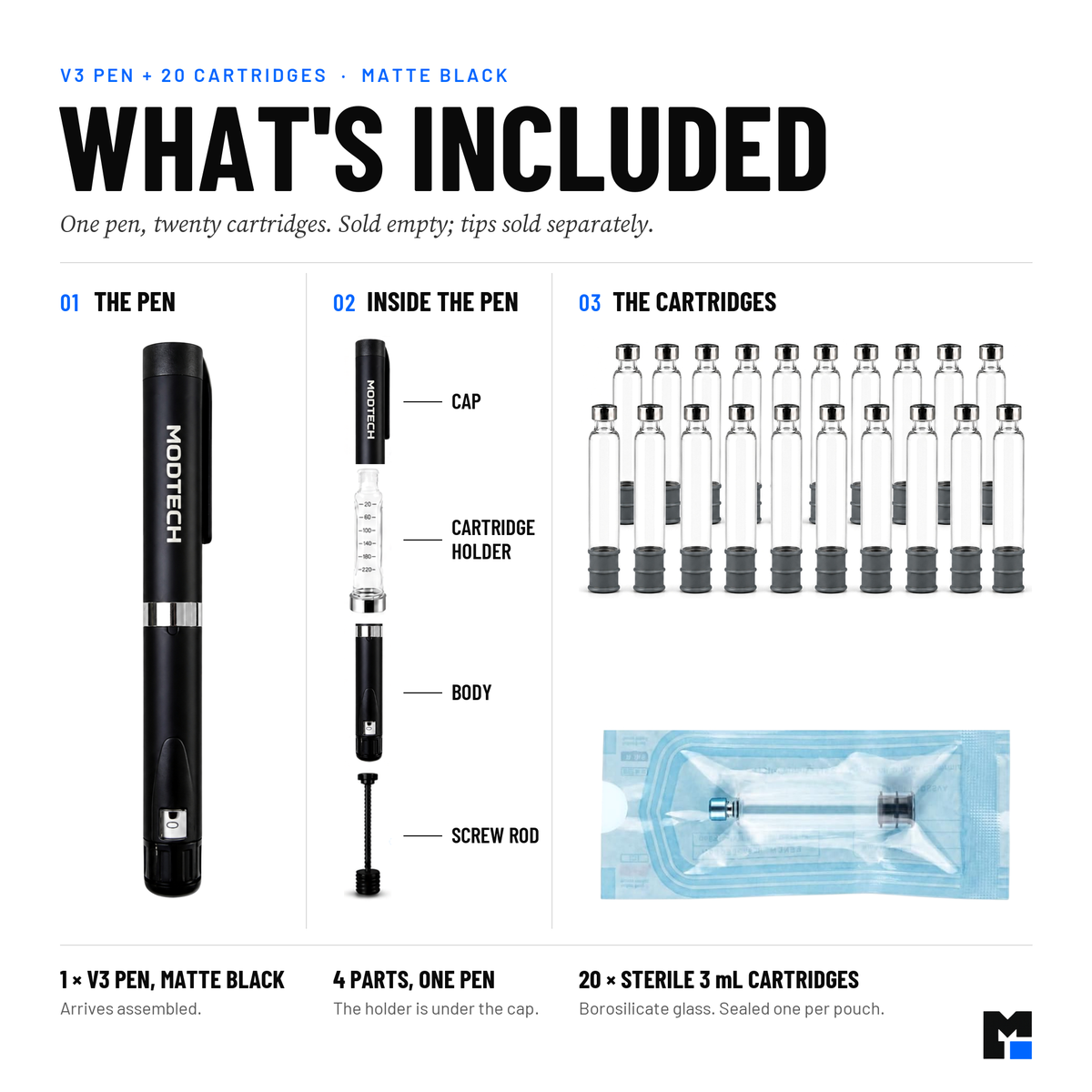 What's included: one matte black V3 pen (cap, cartridge holder, body, screw rod) and twenty sterile 3 mL cartridges, one per pouch