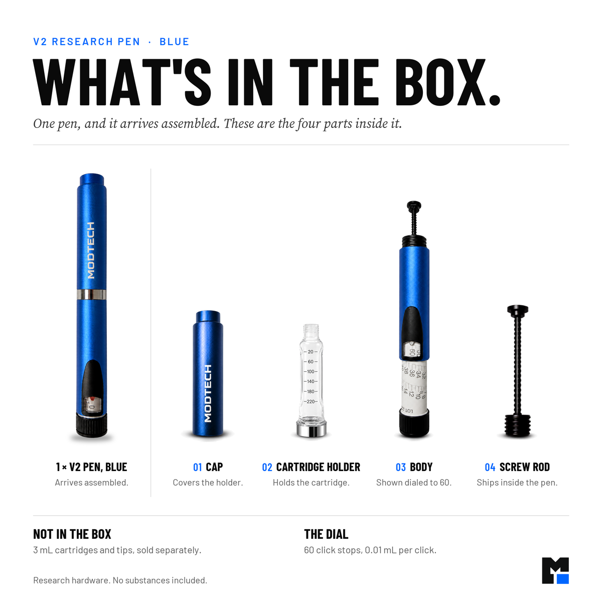 What's included with the blue V2 pen: cap, body with 60-click dial, cartridge holder and screw rod. No cartridge included
