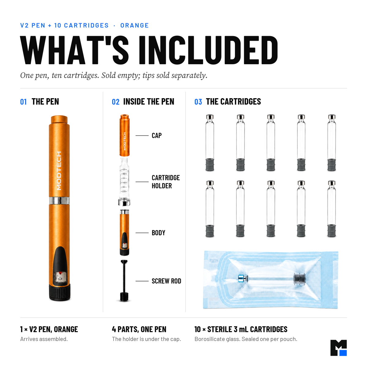 What's included: one orange V2 pen (cap, cartridge holder, body, screw rod) and ten sterile 3 mL cartridges, one per pouch