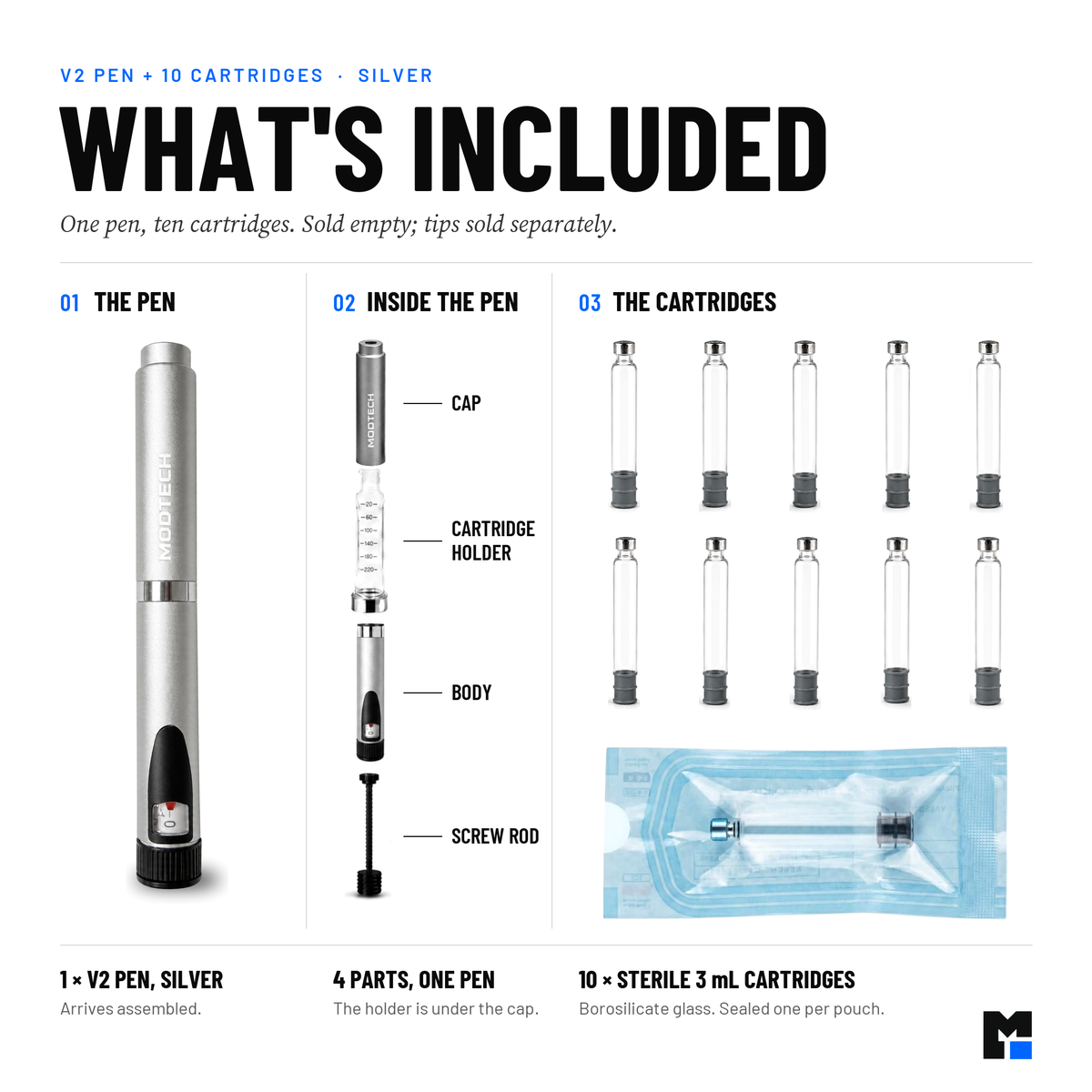 What's included: one silver V2 pen (cap, cartridge holder, body, screw rod) and ten sterile 3 mL cartridges, one per pouch