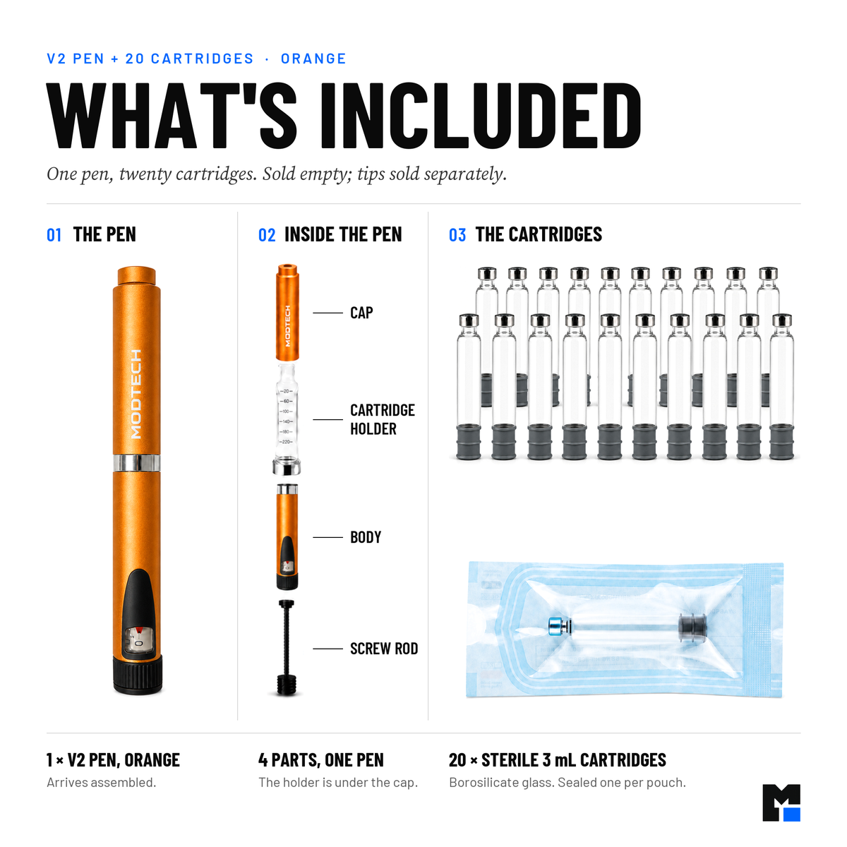 What's included: one orange V2 pen (cap, cartridge holder, body, screw rod) and twenty sterile 3 mL cartridges, one per pouch