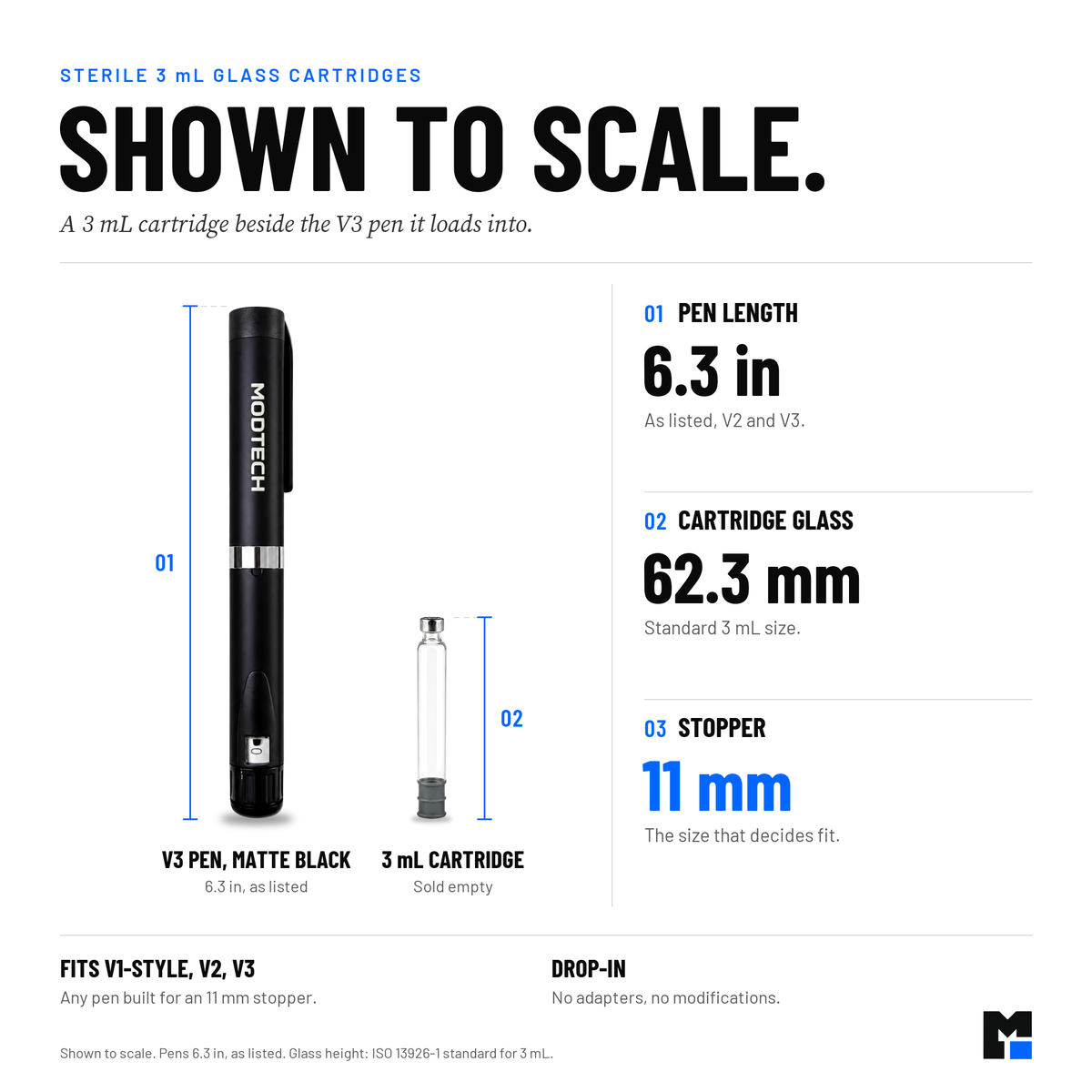 3 mL glass cartridge beside the black V3 pen, shown to scale: pen 6.3 in, cartridge glass 62.3 mm, 11 mm stopper. Fits V1-style, V2 and V3 pens.