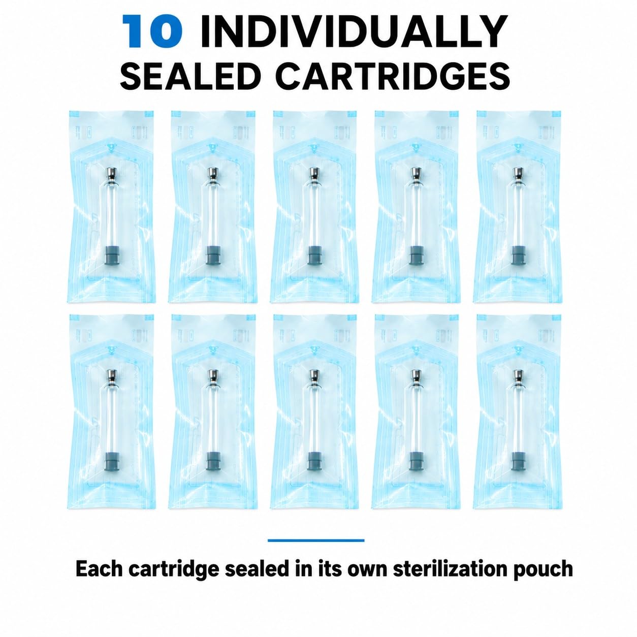 Ten 3mL cartridges, each sealed in its own sterilization pouch