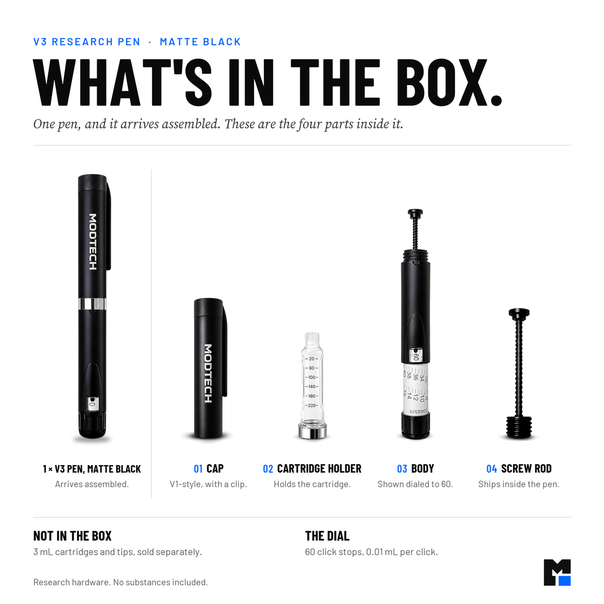 What's included with the matte black V3 pen: cap, body with 60-click dial, cartridge holder and screw rod. No cartridge included