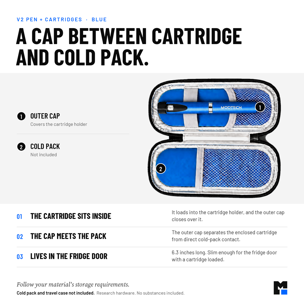 Blue V2 pen: outer cap separates the enclosed cartridge from direct cold-pack contact. Cold pack and travel case not included.