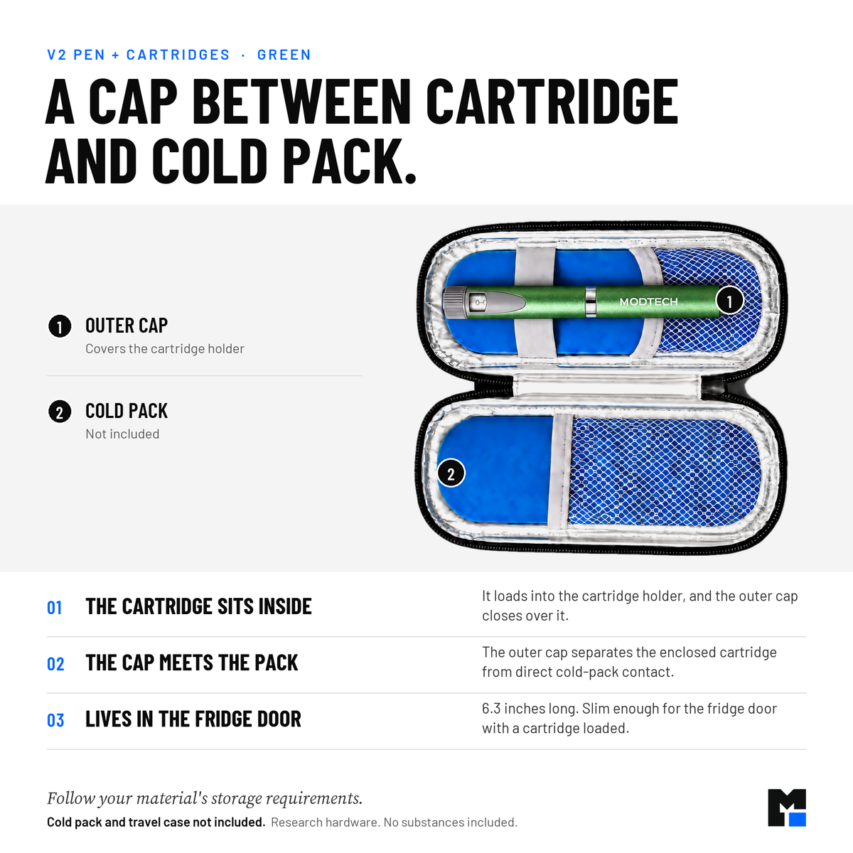 Green V2 pen: outer cap separates the enclosed cartridge from direct cold-pack contact. Cold pack and travel case not included.