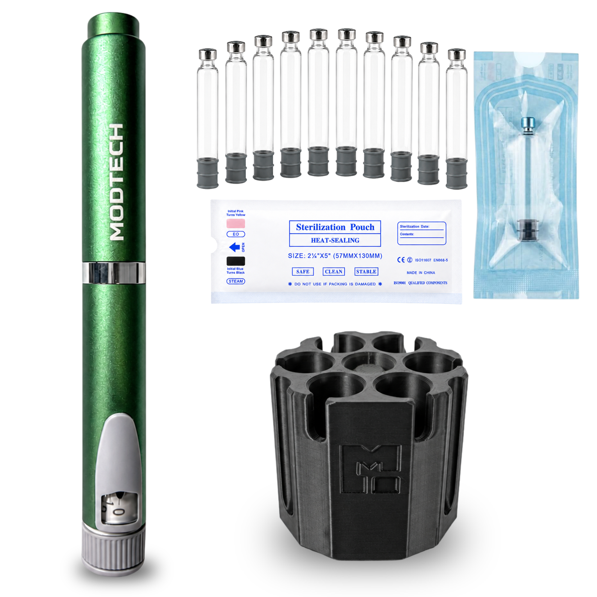 Green V2 pen with ten empty 3 mL glass cartridges, a sterilization pouch label, one cartridge sealed in its pouch, and the black purge station