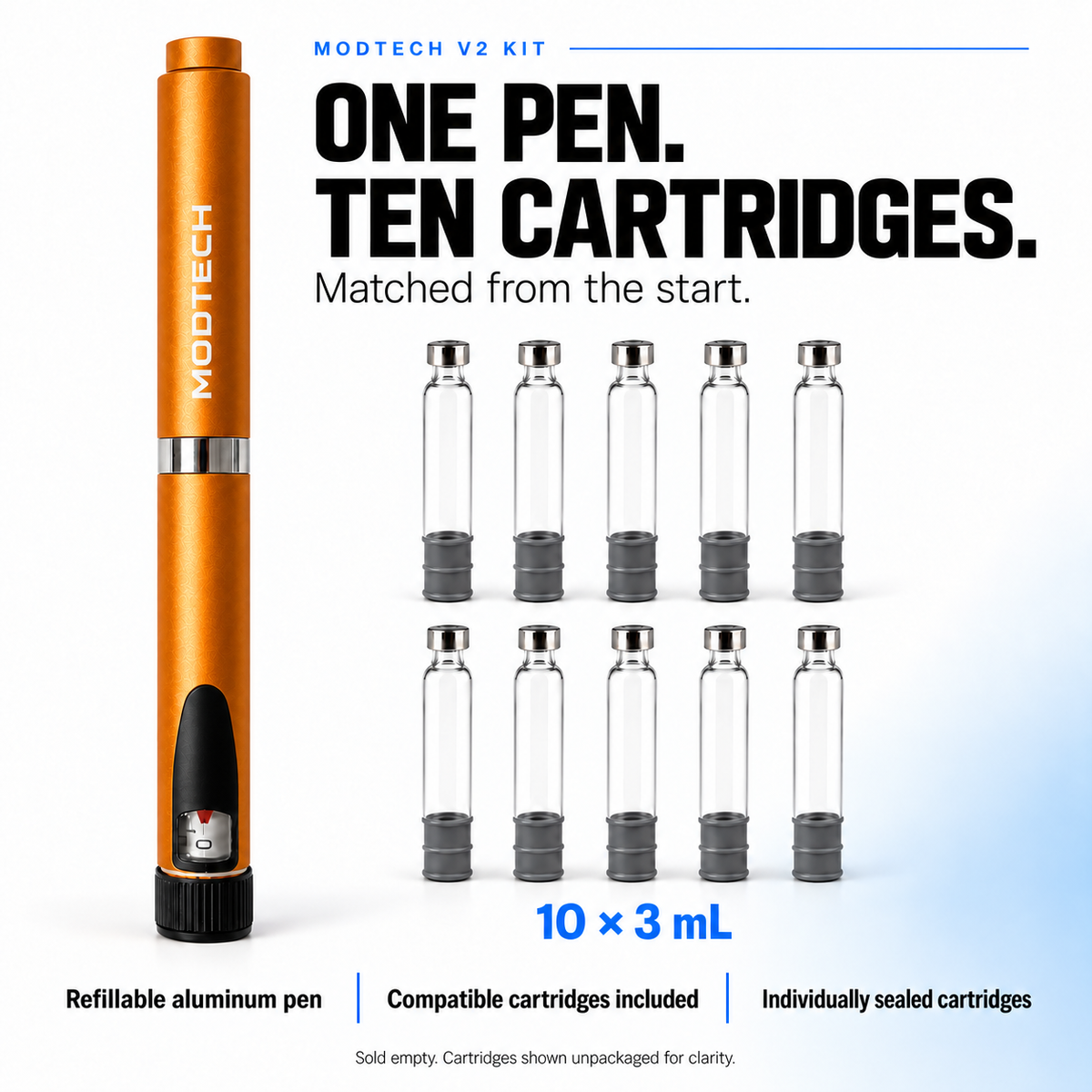 One orange MODTECH V2 refillable pen and ten empty 3 mL cartridges. Matched from the start; cartridges individually sealed and shown unpackaged.
