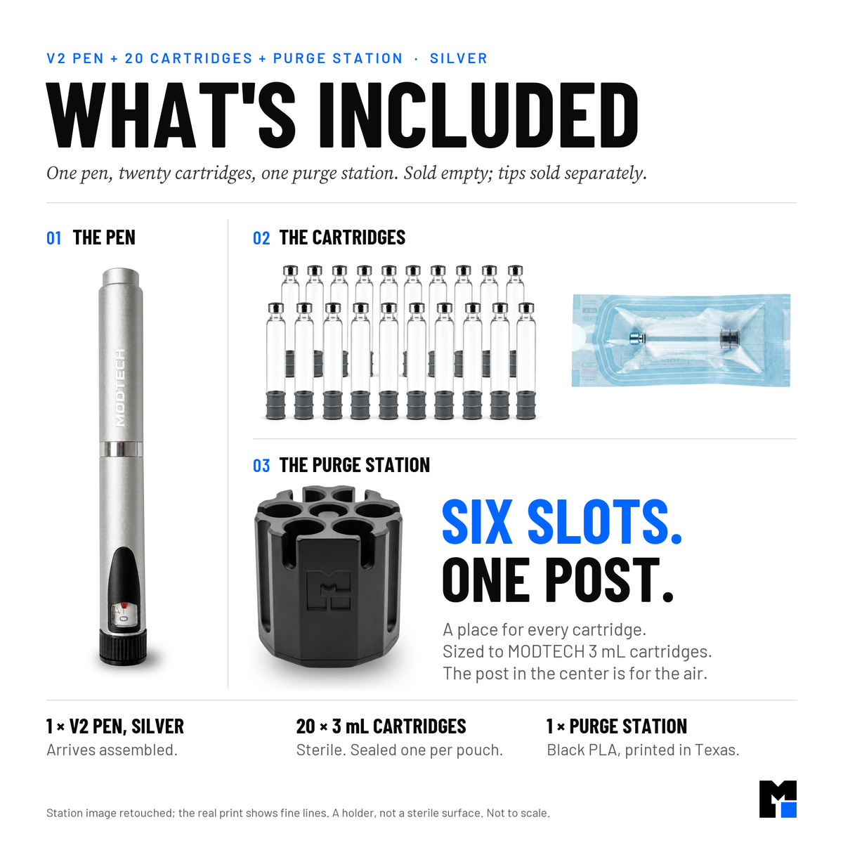 What's included: one silver V2 pen, twenty sterile 3 mL cartridges sealed one per pouch, and one black purge station with six slots and a center purge post