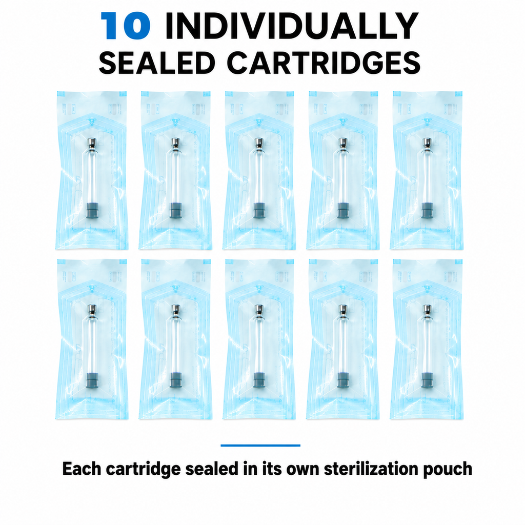 10 individually sealed steam-sterilization pouches with 3mL glass cartridges