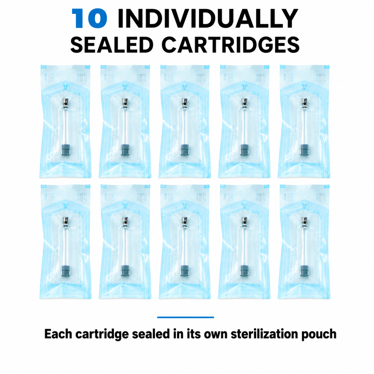 10 individually sealed steam-sterilization pouches with 3mL glass cartridges