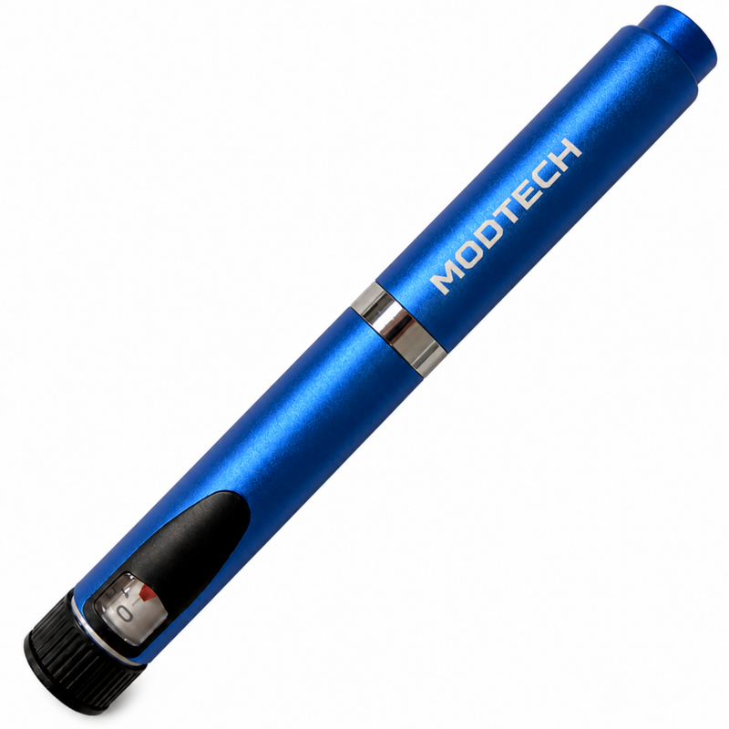 MODTECH V2 refillable research pen in blue, capped, with the dial window at the base