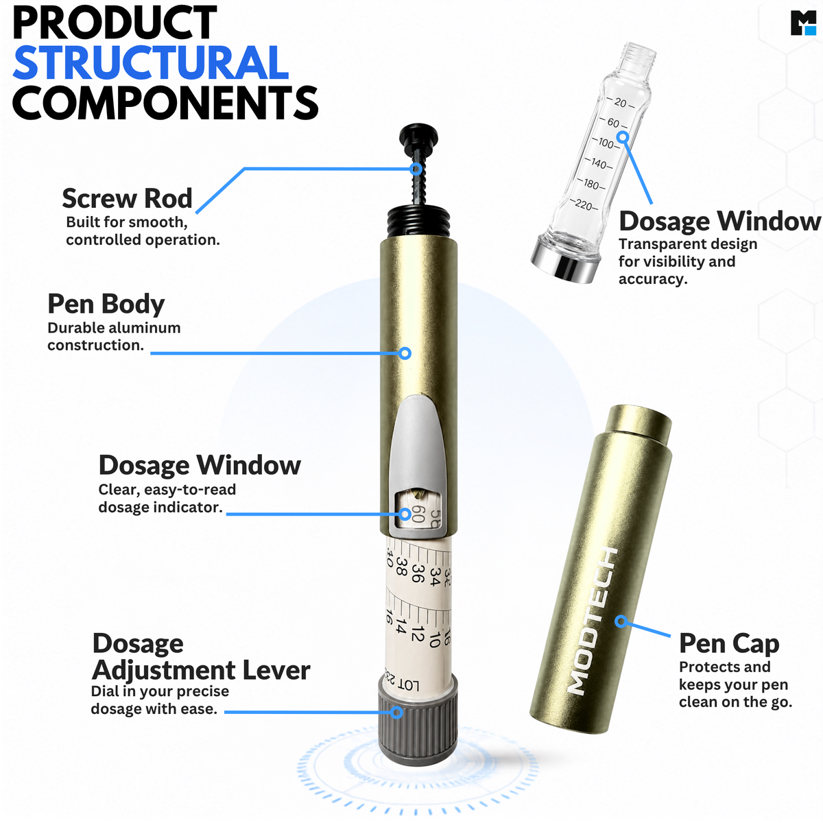 Exploded view of the gold MODTECH V2 pen labeling the screw rod, aluminum body, dial window, adjustment collar, glass cartridge and cap