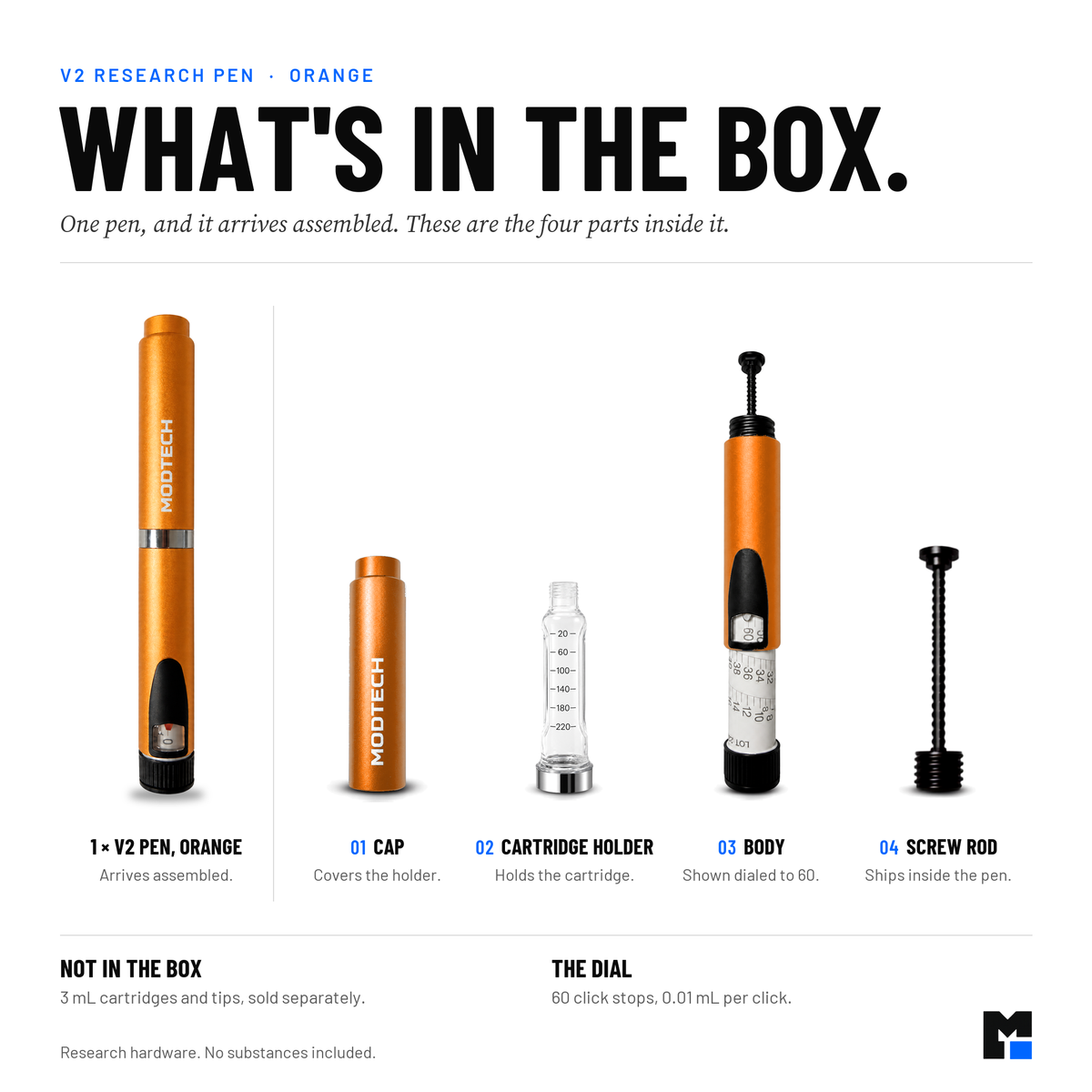 What's included with the orange V2 pen: cap, body with 60-click dial, cartridge holder and screw rod. No cartridge included