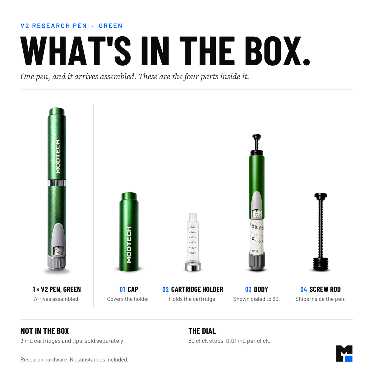 What's included with the green V2 pen: cap, body with 60-click dial, cartridge holder and screw rod. No cartridge included