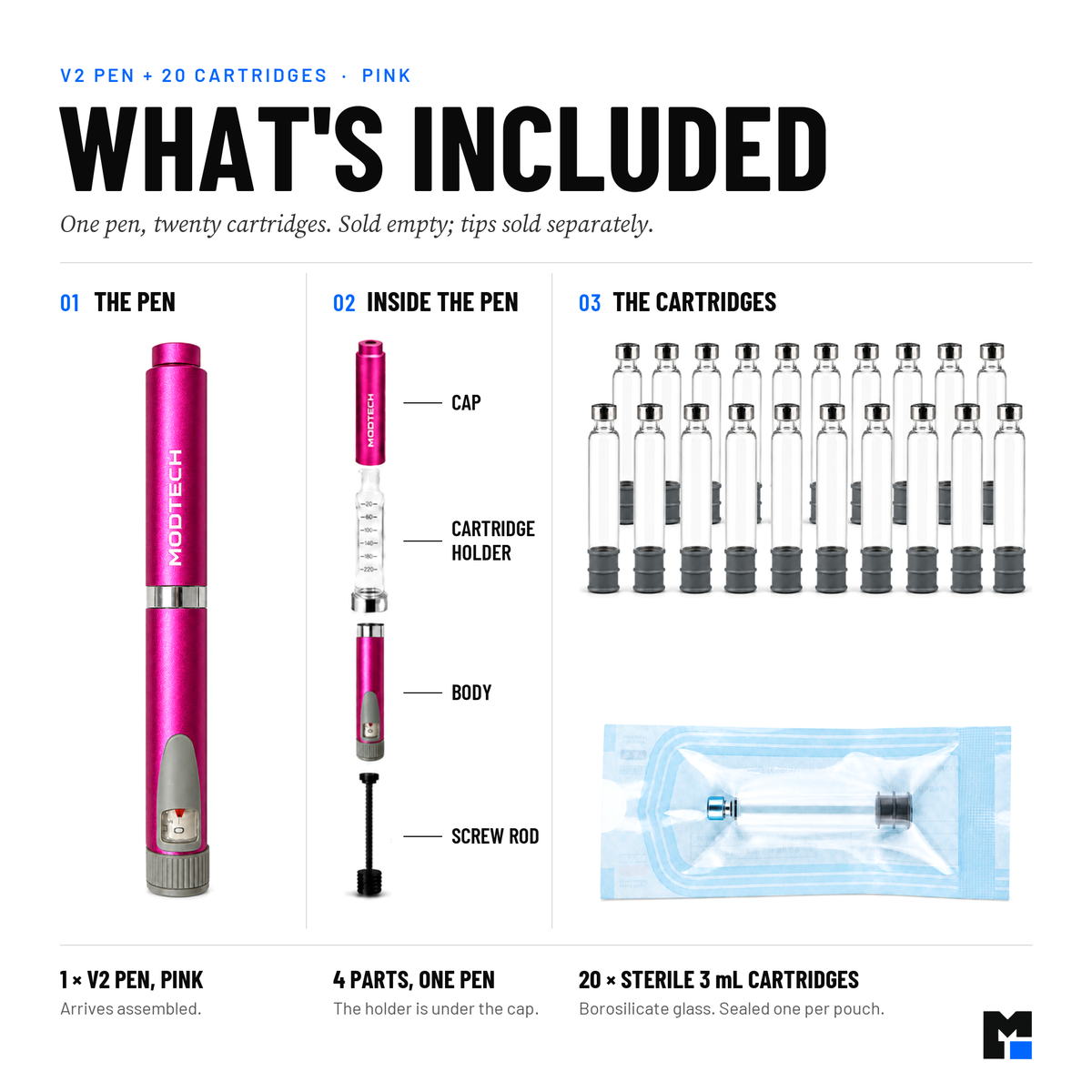What's included: one pink V2 pen (cap, cartridge holder, body, screw rod) and twenty sterile 3 mL cartridges, one per pouch