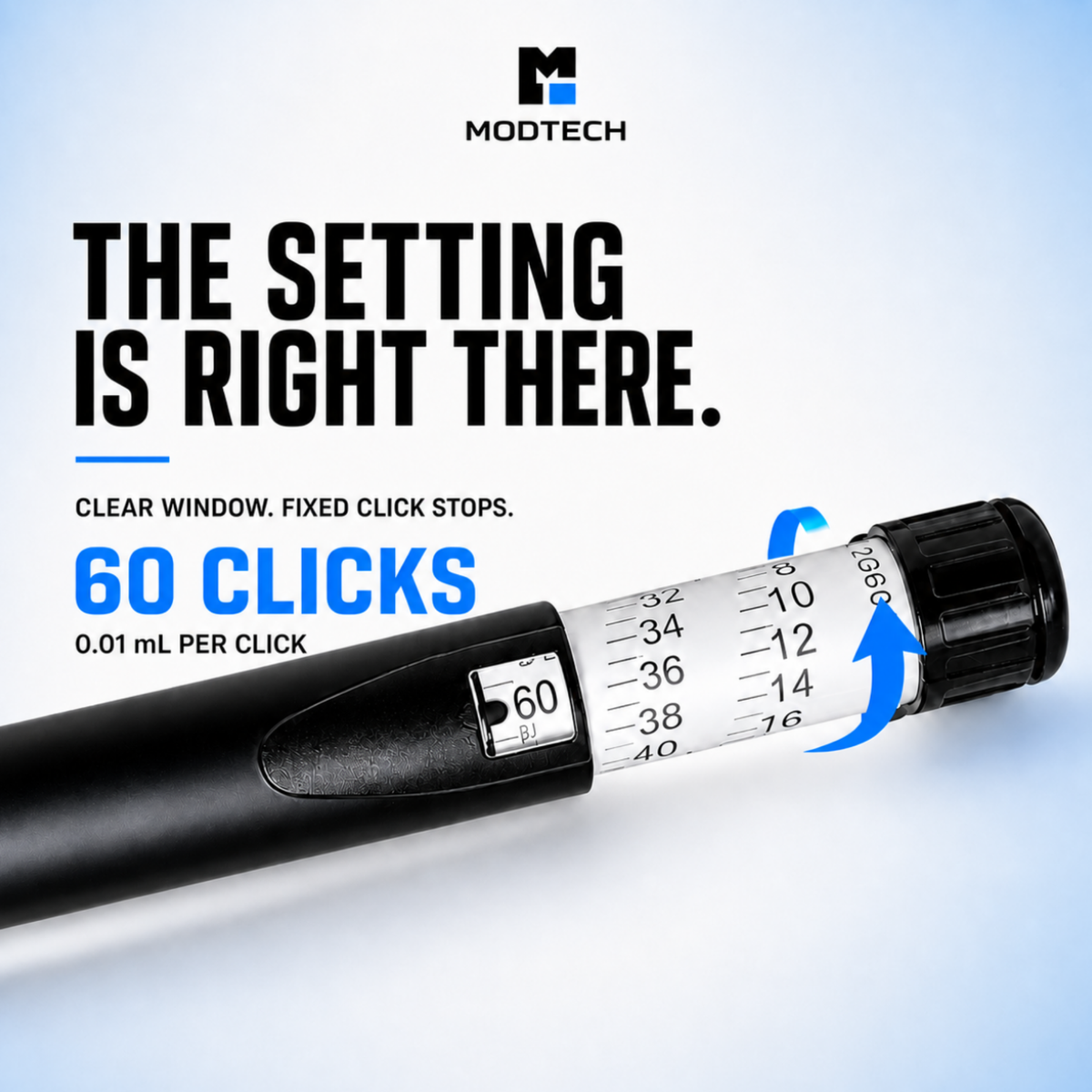 A ModTechinsulin pen shown on a light blue gradient background with promotional text. The pen is black with a clear window displaying white measurement markings and a black cap.