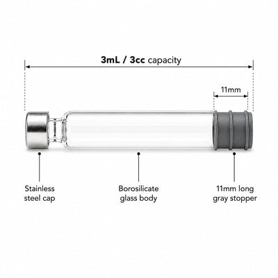 3mL borosilicate glass cartridge with stainless steel cap and 11mm gray stopper