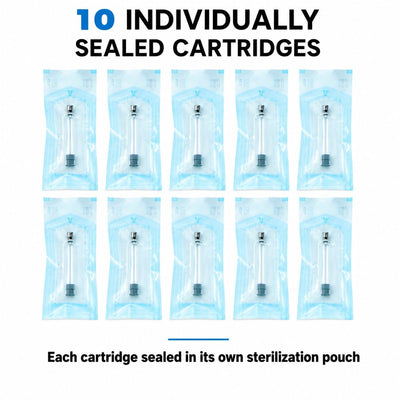 Ten 3mL cartridges, each sealed in its own sterilization pouch