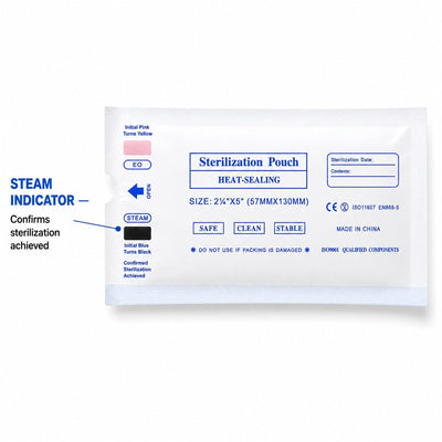Steam indicator on the sterilization pouch confirming sterilization was achieved