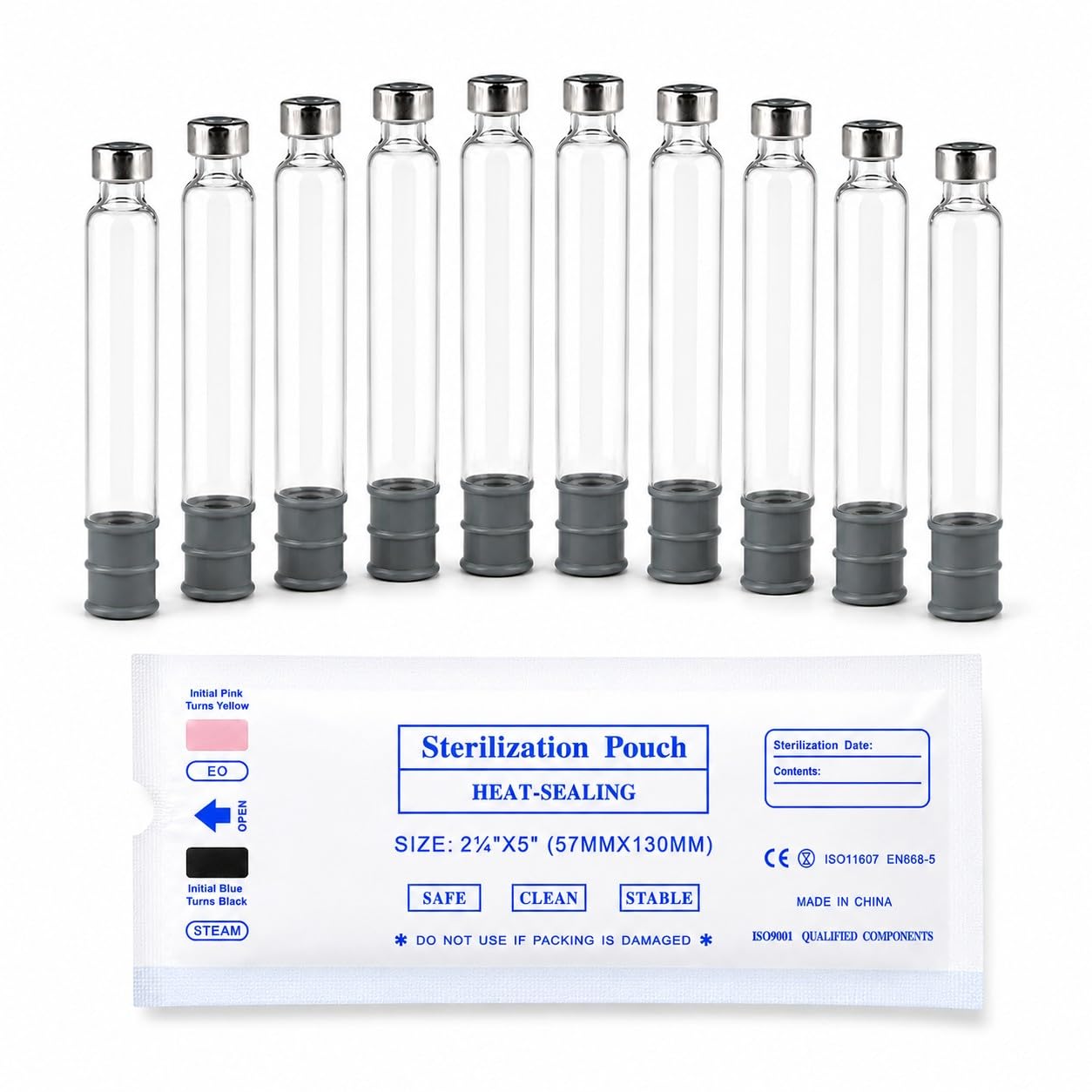 Ten MODTECH 3mL glass pen cartridges standing beside a sterilization pouch
