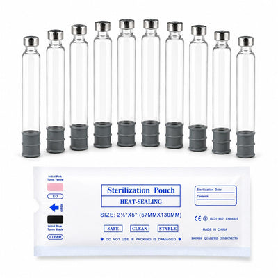 Ten MODTECH 3mL glass pen cartridges standing beside a sterilization pouch