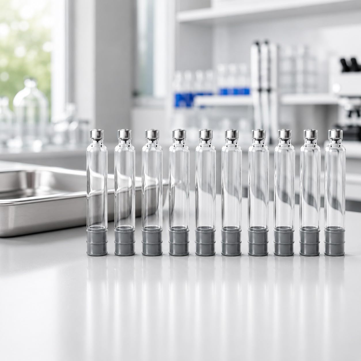 MODTECH 3mL glass cartridges on a laboratory bench