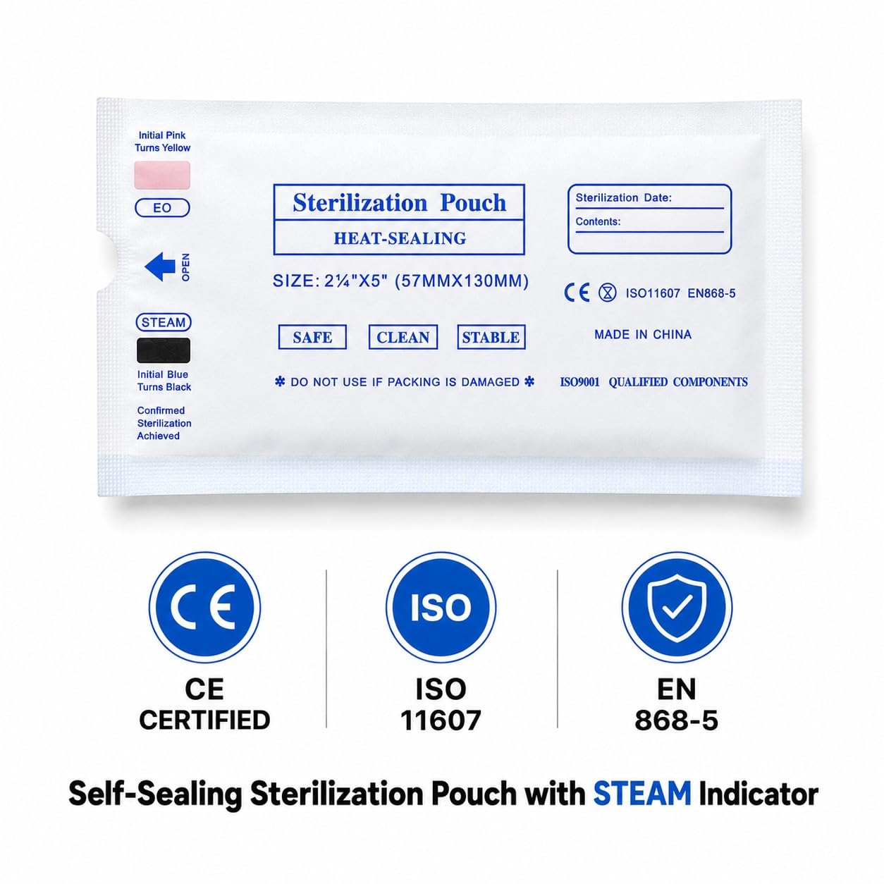 CE and ISO 11607 certified self-sealing sterilization pouch, front label