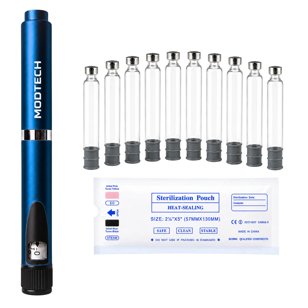 MODTECH V2 starter kit — blue precision pen with 10-pack sterile 3mL glass cartridges
