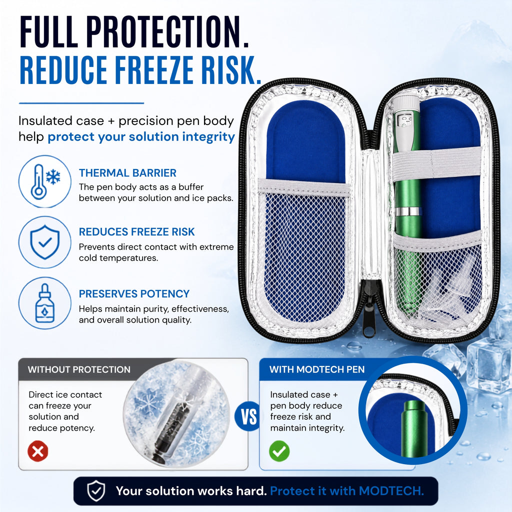 MODTECH V2 pen (green) packed with ice pack for cold-chain storage