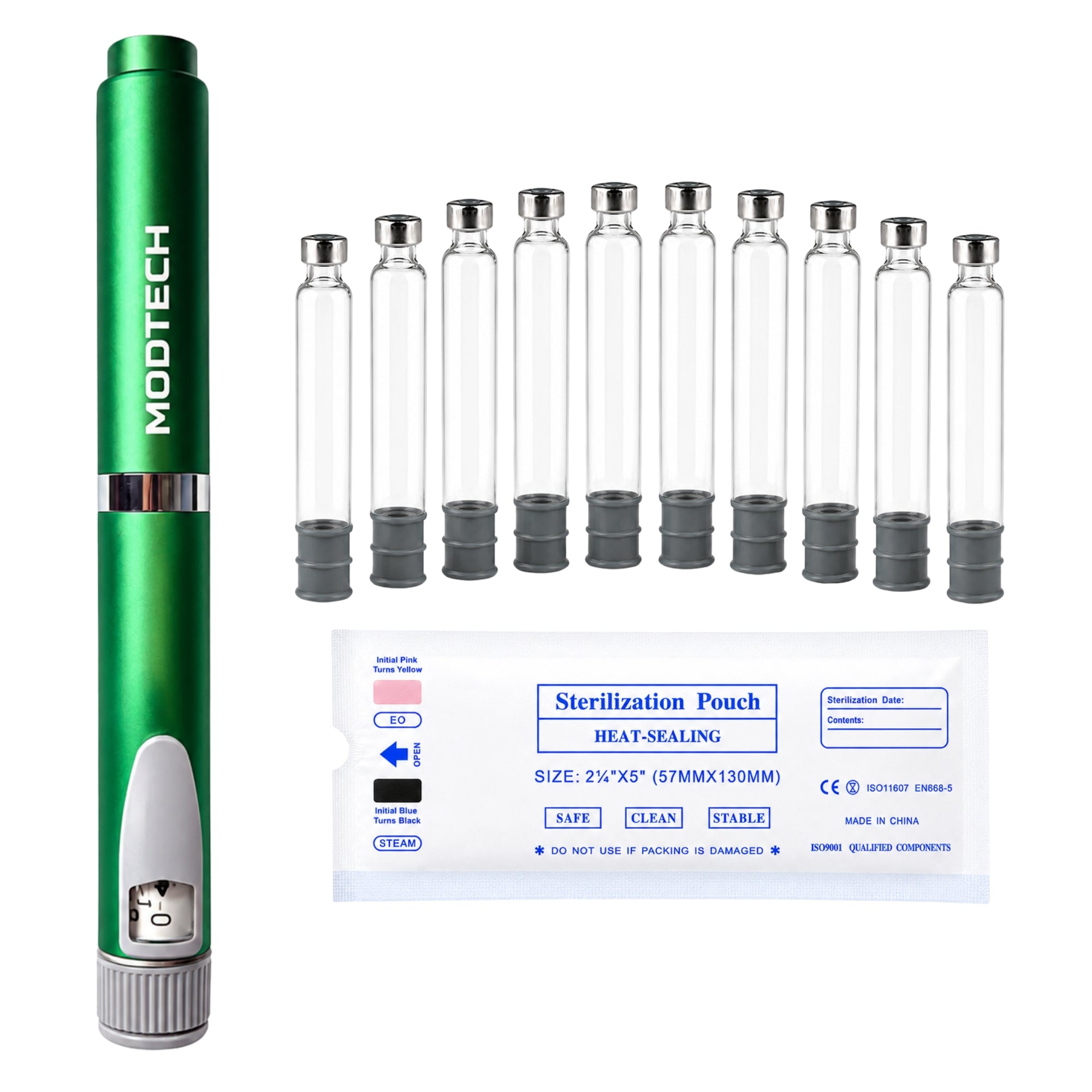 MODTECH V2 starter kit — green precision pen with 10-pack sterile 3mL glass cartridges