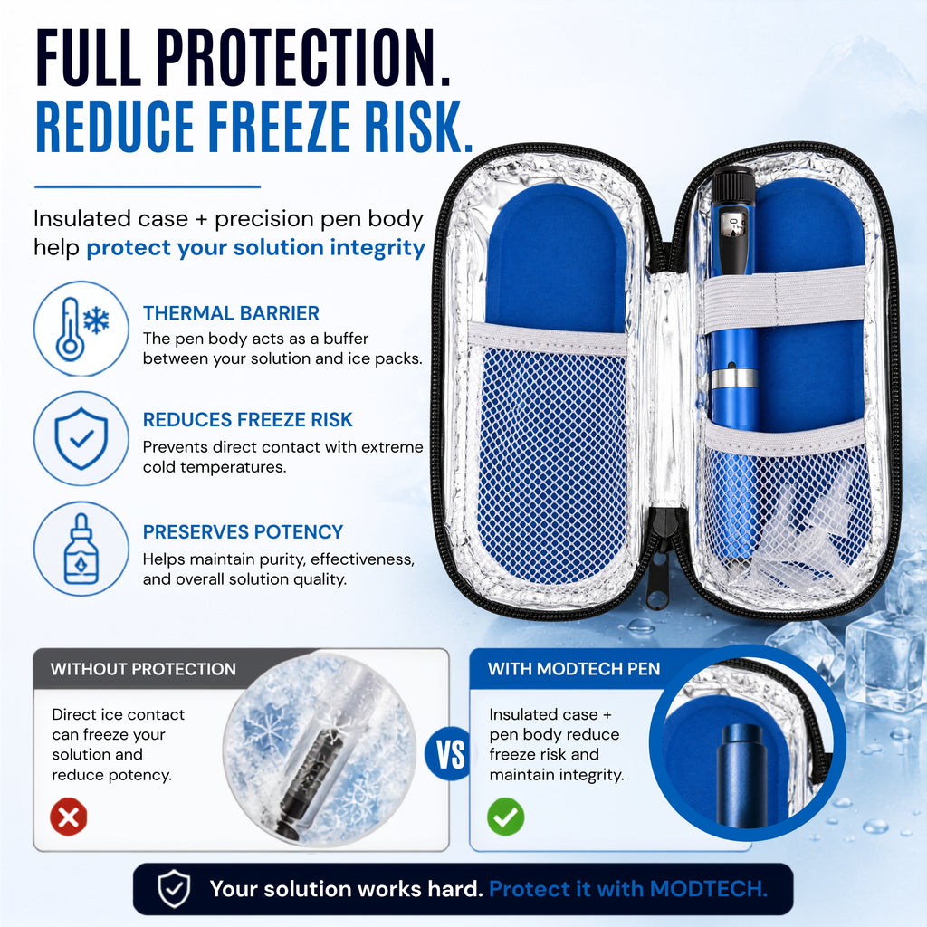 MODTECH V2 pen (blue) packed with ice pack for cold-chain storage