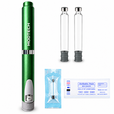 Green V2 pen with two empty 3 mL glass cartridges, a sterilization pouch label, and one cartridge sealed in its pouch
