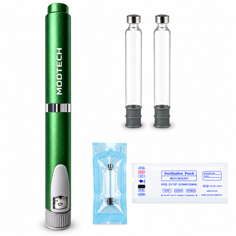 Green V2 pen with two empty 3 mL glass cartridges, a sterilization pouch label, and one cartridge sealed in its pouch