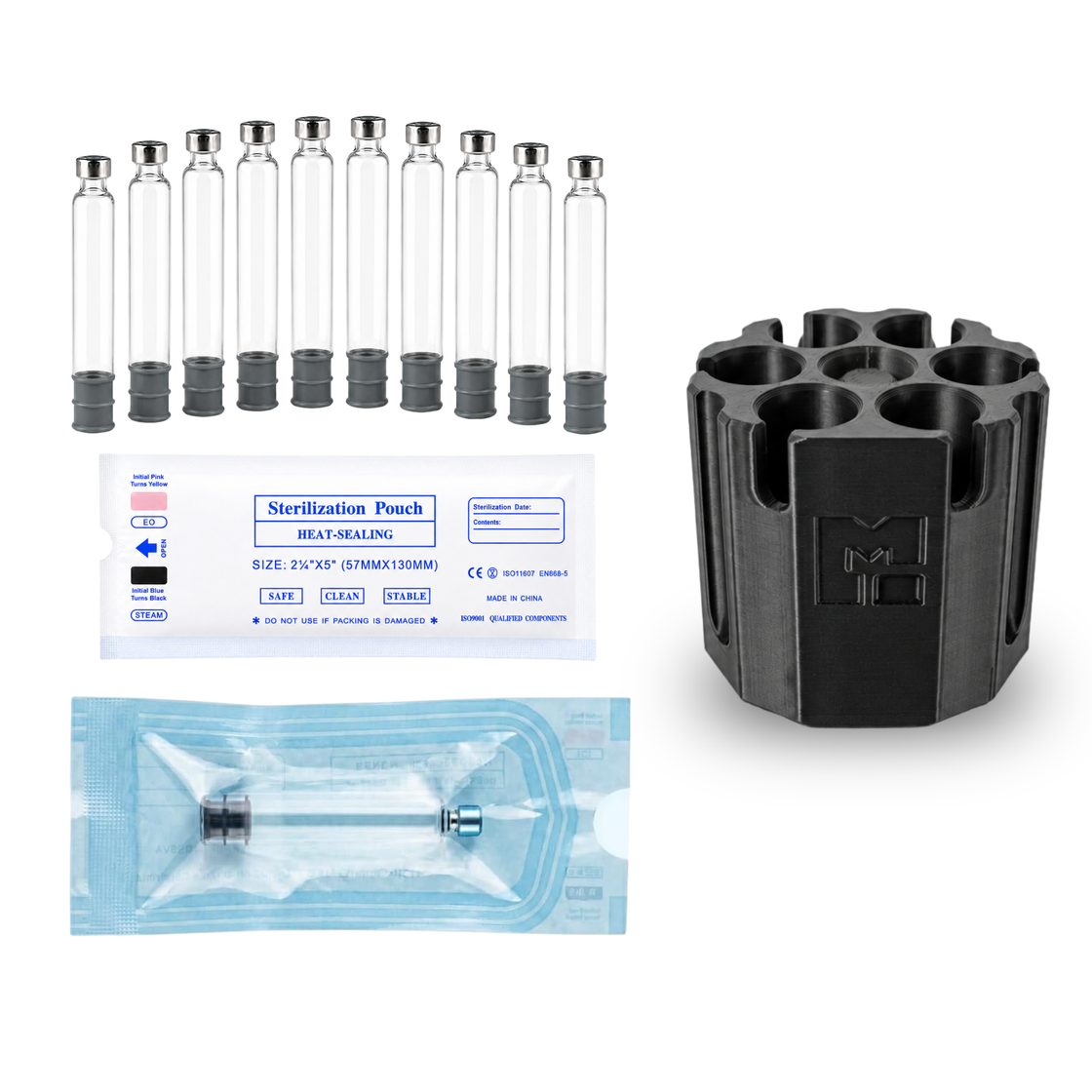 MODTECH 3mL glass cartridges 10 pack with a sterilization pouch label, one cartridge sealed in its pouch, and the black purge station