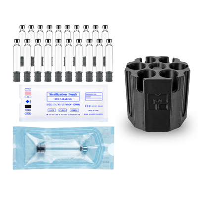 MODTECH 3mL glass cartridges 20 pack with a sterilization pouch label, one cartridge sealed in its pouch, and the black purge station