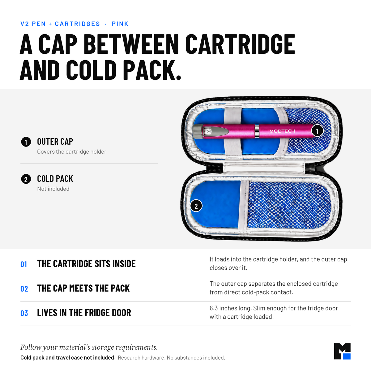 Pink V2 pen: outer cap separates the enclosed cartridge from direct cold-pack contact. Cold pack and travel case not included.