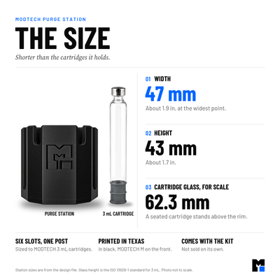 MODTECH purge station beside a 3 mL glass cartridge: about 47 mm wide and 43 mm tall, shorter than the cartridge