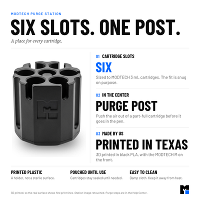 MODTECH purge station: six cartridge slots around a center purge post, 3D printed in black PLA in Texas