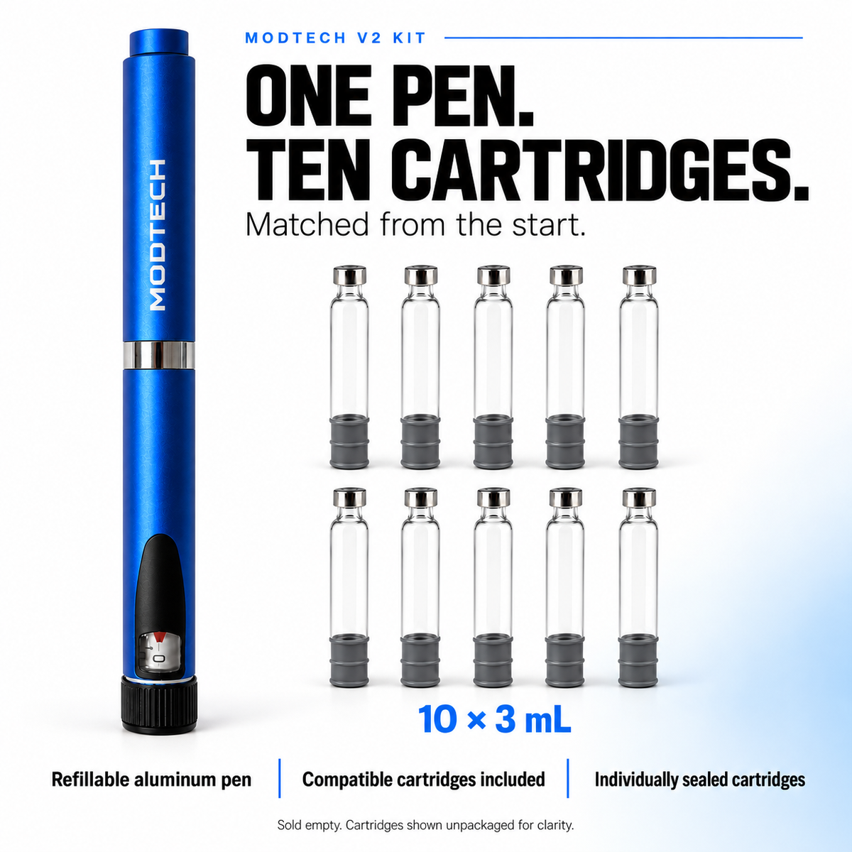 One blue MODTECH V2 refillable pen and ten empty 3 mL cartridges. Matched from the start; cartridges individually sealed and shown unpackaged.