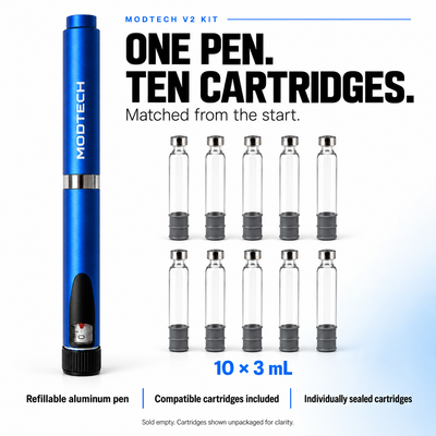 One blue MODTECH V2 refillable pen and ten empty 3 mL cartridges. Matched from the start; cartridges individually sealed and shown unpackaged.
