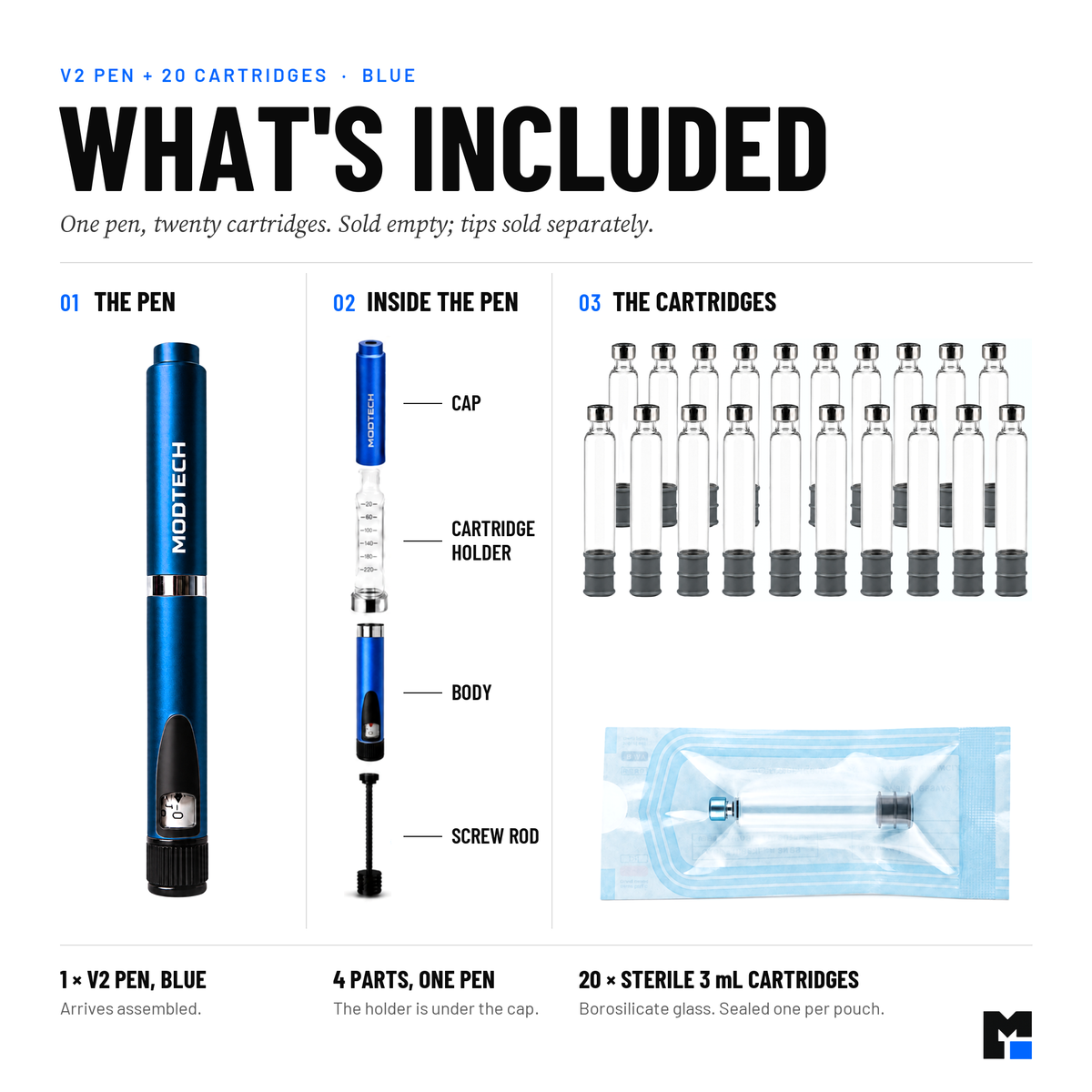 What's included: one blue MODTECH V2 pen and twenty empty 3 mL cartridges, with labeled pen components.