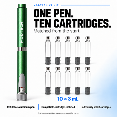 One green MODTECH V2 refillable pen and ten empty 3 mL cartridges. Matched from the start; cartridges individually sealed and shown unpackaged.