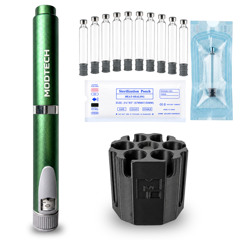 Green V2 pen with ten empty 3 mL glass cartridges, a sterilization pouch label, one cartridge sealed in its pouch, and the black purge station