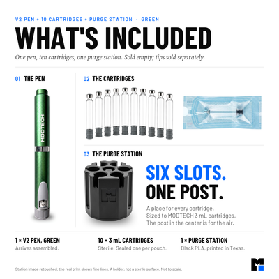 What's included: one green V2 pen, ten sterile 3 mL cartridges sealed one per pouch, and one black purge station with six slots and a center purge post