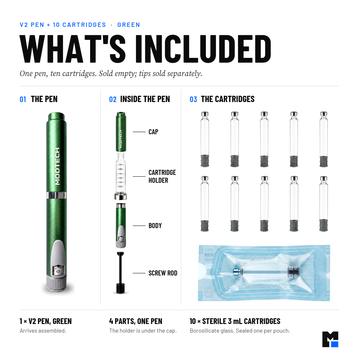 What's included: one green MODTECH V2 pen and ten empty 3 mL cartridges, with labeled pen components.