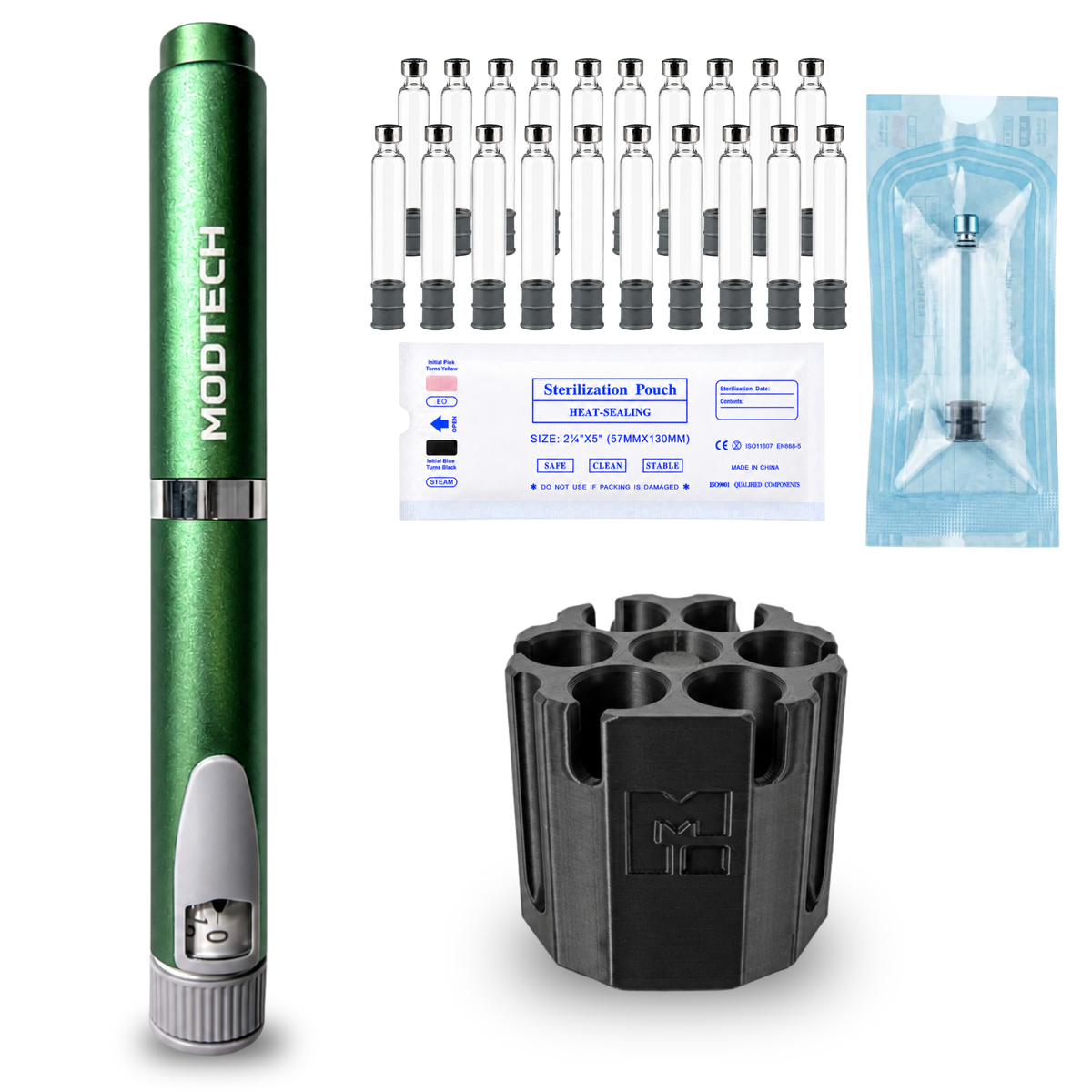 Green V2 pen with twenty empty 3 mL glass cartridges, a sterilization pouch label, one cartridge sealed in its pouch, and the black purge station