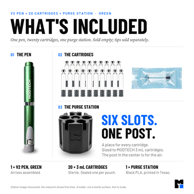 What's included: one green V2 pen, twenty sterile 3 mL cartridges sealed one per pouch, and one black purge station with six slots and a center purge post
